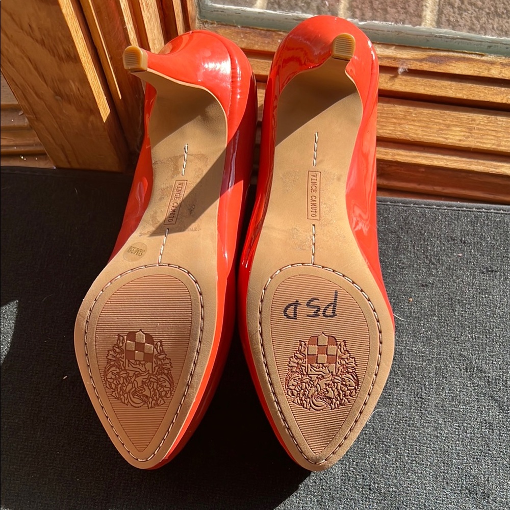 Vince Camuto Orange Heels with Glossy Finish and Pointed Toe